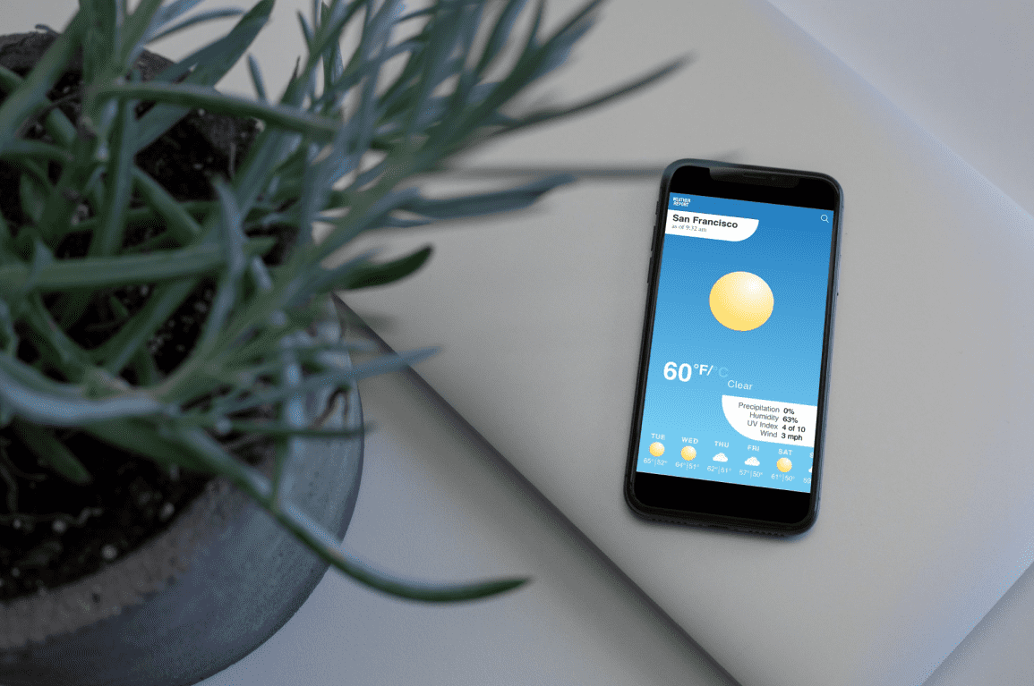 A phone displaying the weather